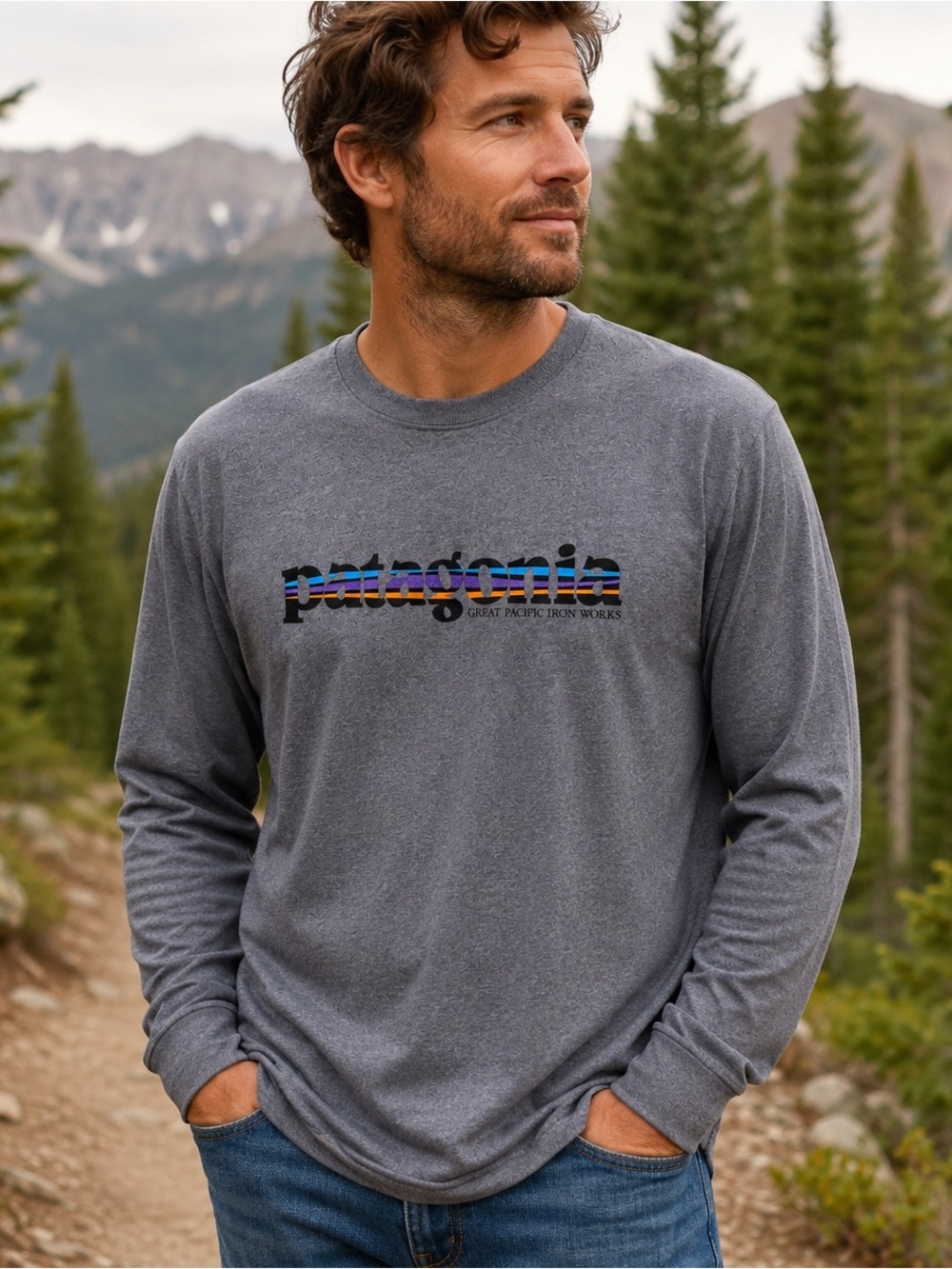 Patagonia Long Sleeve Logo Tee Gray Great Pacific Iron Works Shirt XL Organic